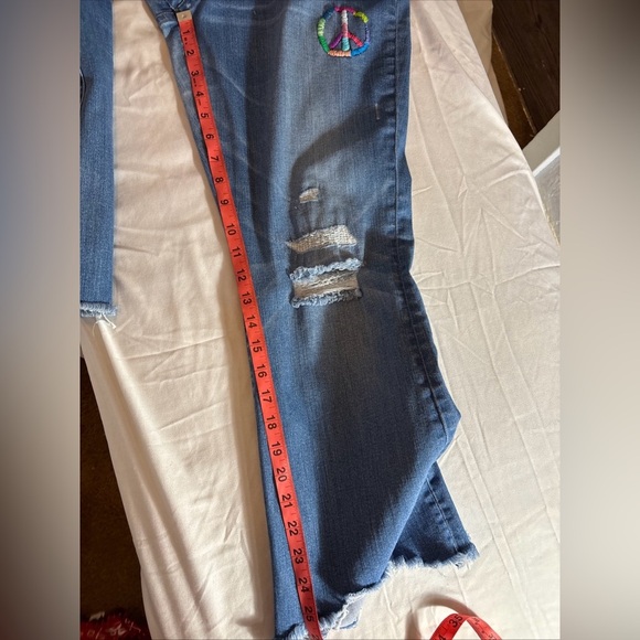 MADEWELL Cali Demi Boot Hand Embroidered Hippie Peace Sign Jeans Upcycled Sz 31 - Picture 16 of 16